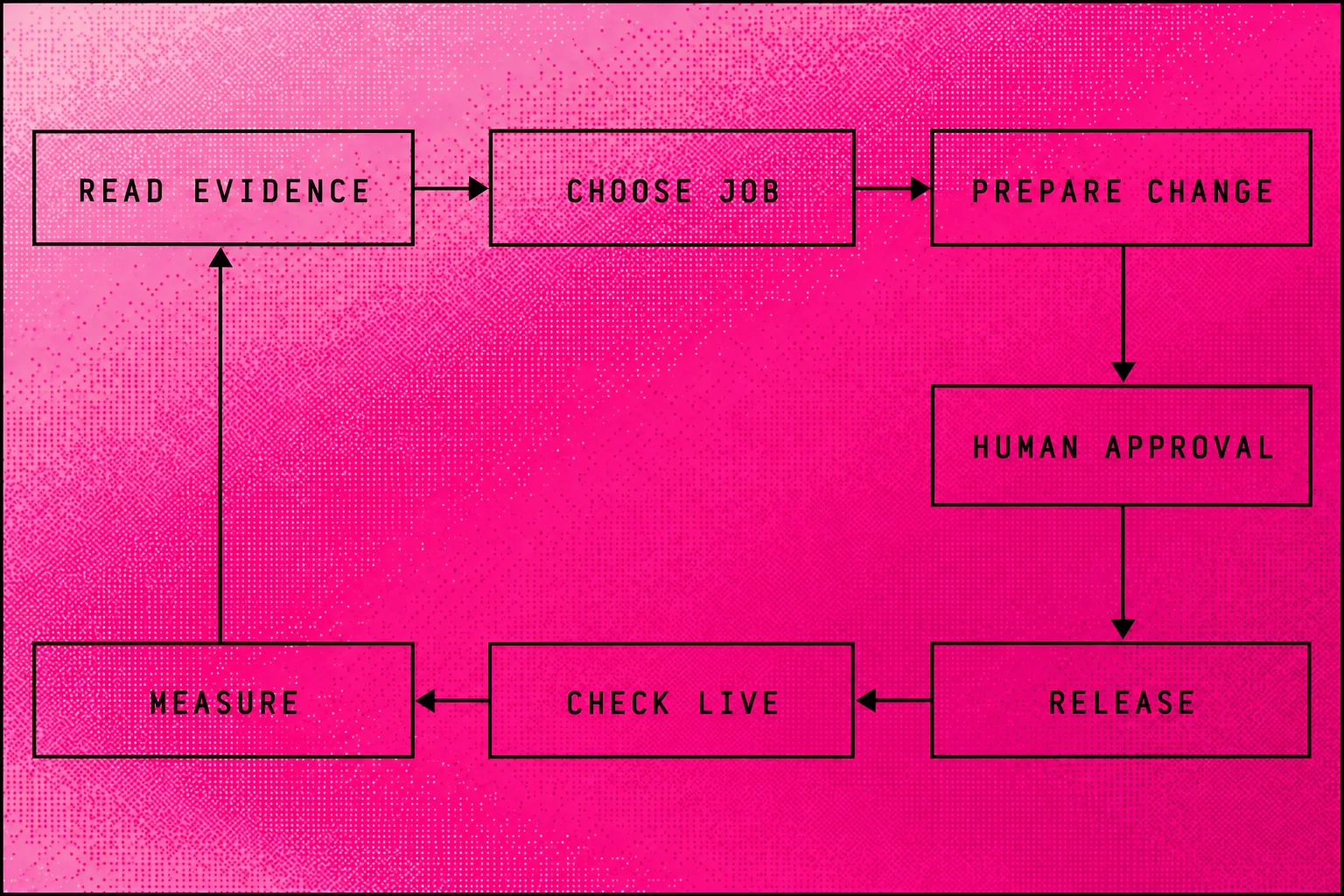 Search evidence passes through job selection and human approval before a live release