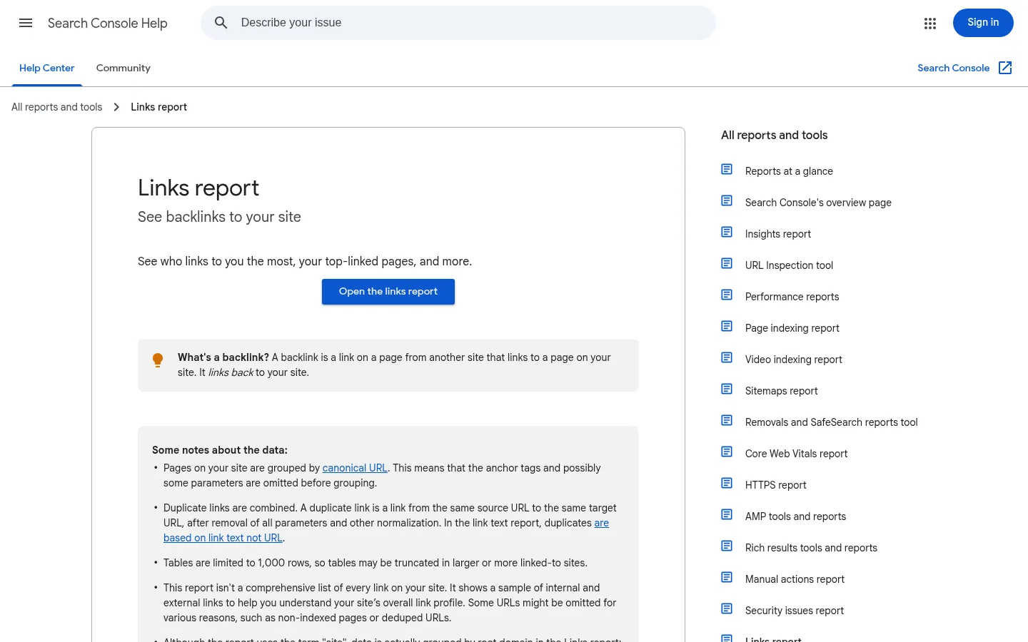 Google's Links report help page shows sampling notes and the two landing-page export options