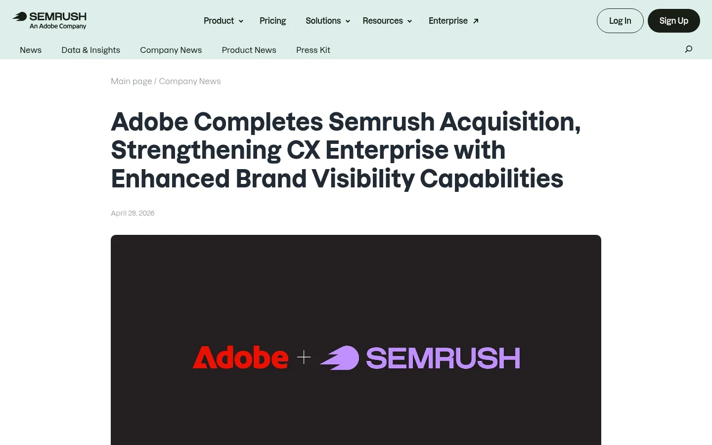 Semrush acquisition announcement showing Adobe ownership and the completion date