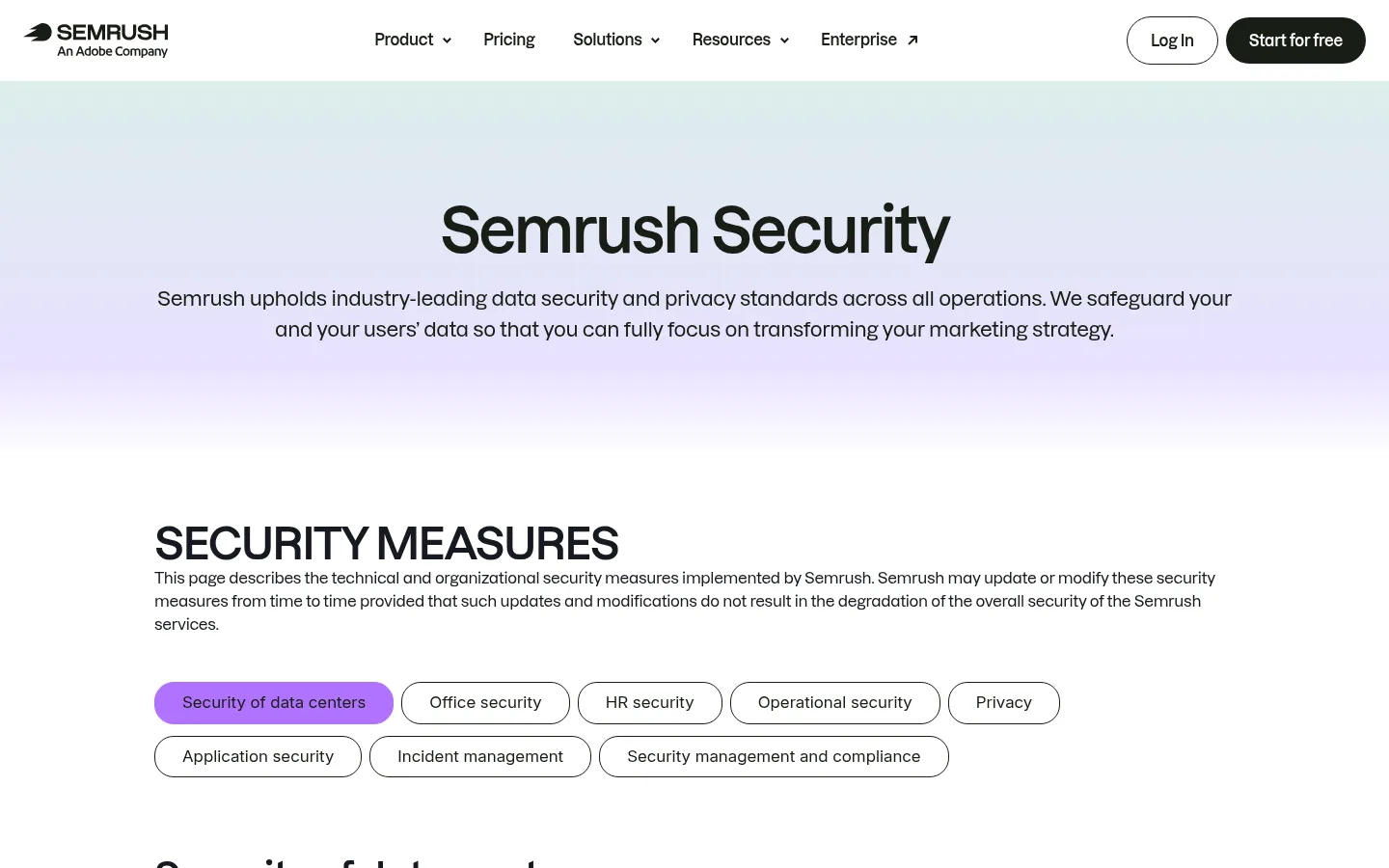 Semrush security page showing encryption controls and customer authentication options