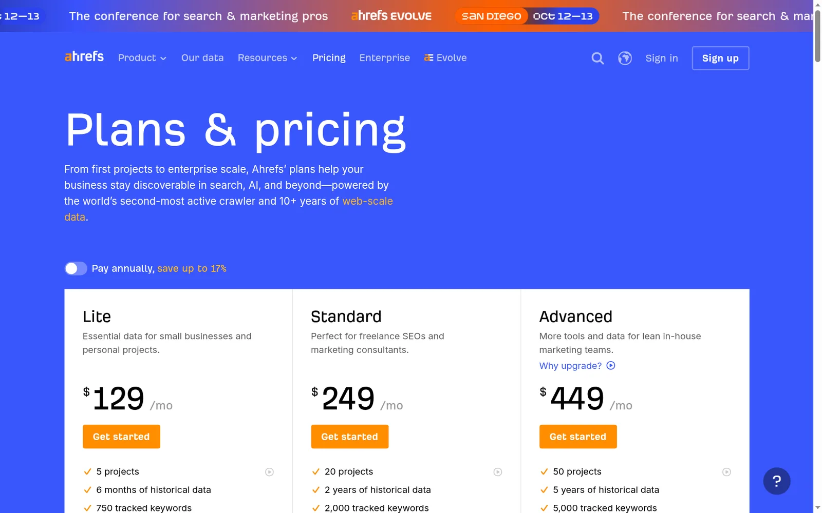 Ahrefs pricing cards showing Lite, Standard and Advanced plan allowances
