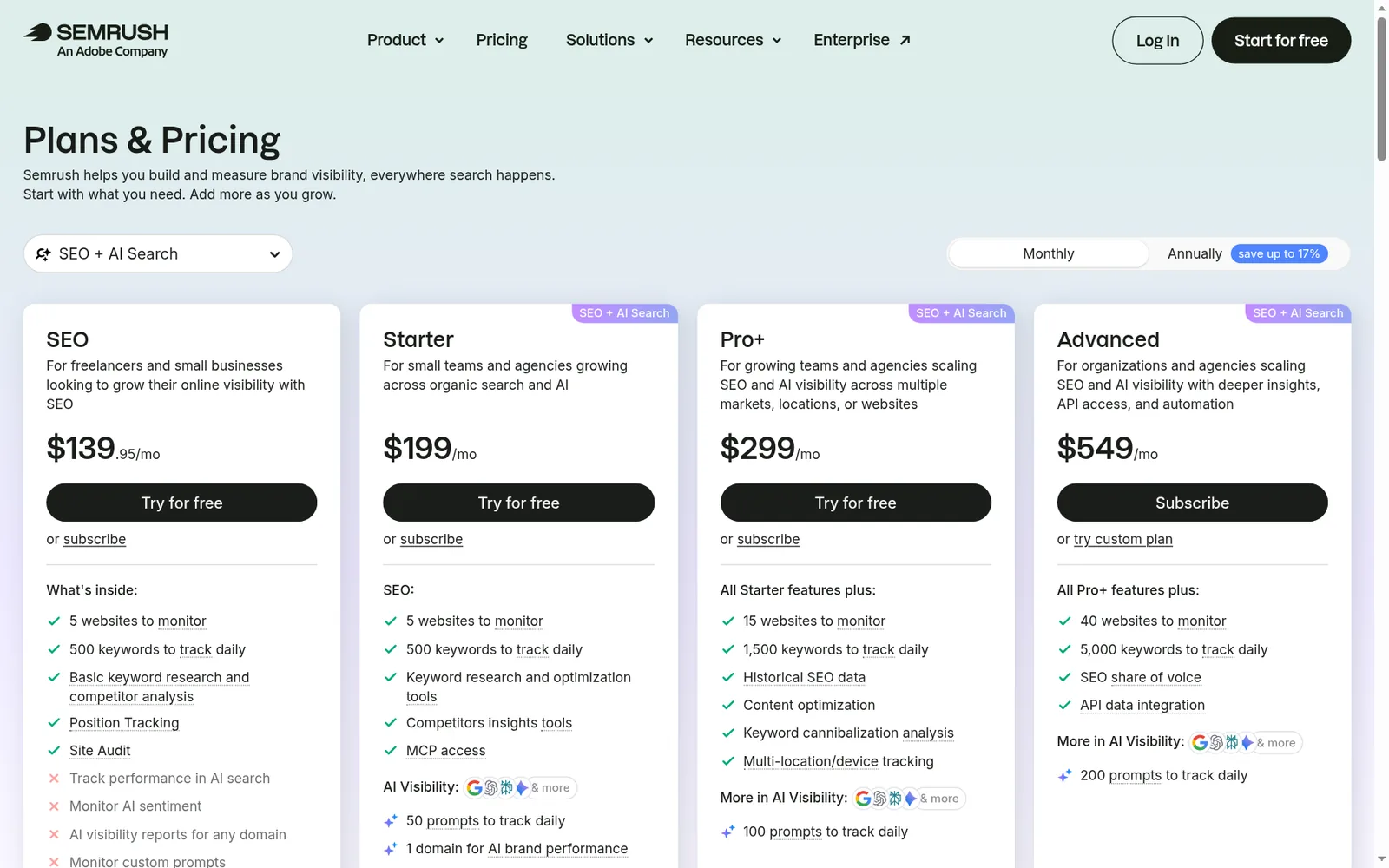 Semrush pricing cards showing SEO and SEO plus AI Search plans