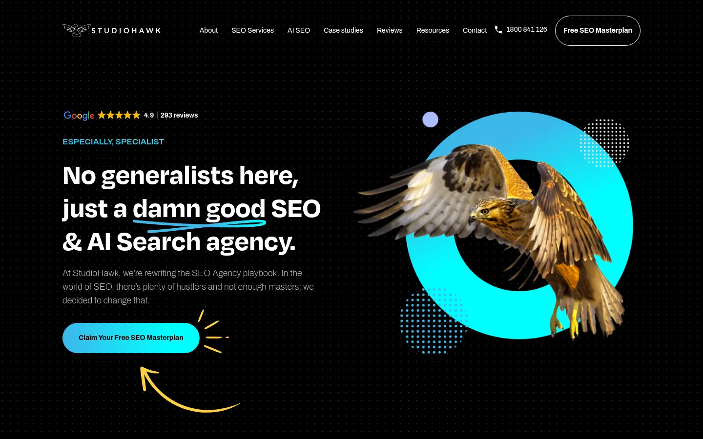 StudioHawk homepage hero presenting a specialist SEO and AI search agency